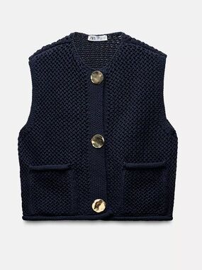 Zara Navy Knit Vest with Gold Accent Button